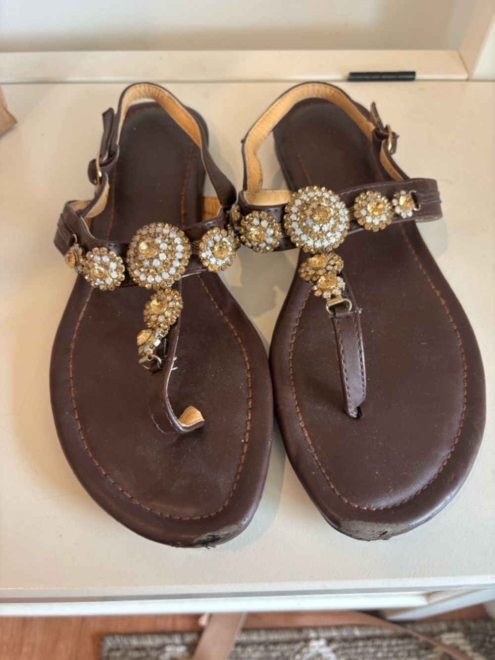Women's Brown Jeweled T‑Strap Slingback Sandals
